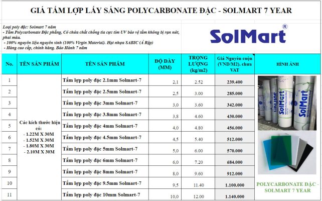 bao gia tam polycarbonate dac ruot solmart 7 Bảng báo giá tấm Polycarbonate Solmart 7, bảo hành 7 năm