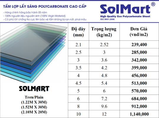 bao gia tam lop lay sang solmart dac Bảng báo giá tấm lợp sáng đặc ruột Solmart việt nam